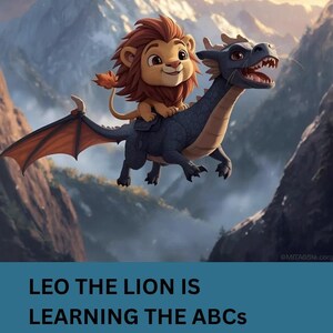 May include: A digital illustration of a cartoon lion riding a blue dragon against a mountain backdrop. The lion has a brown mane and is smiling. The dragon has red wings and is smiling. Text at the bottom reads "LEO THE LION IS LEARNING THE ABCs".
