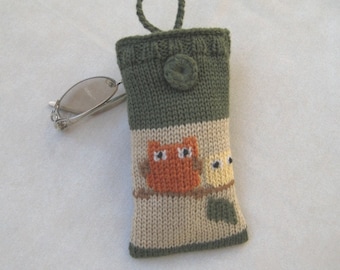 Knitted Owl Eyeglass Case, Woodland Earth Tones Pouch, Rustic Glasses Holder