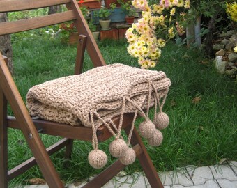 Hand Knitted Wool Throw Blanket, Chunky Lace Bedspread, Boho Fringe Blanket, Rustic Gift