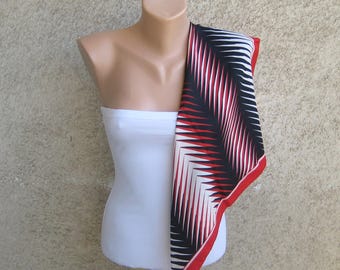 90s small red black print shawl, lightweight striped scarf, square rayon bandana, travel women accessory, retro women neckerchief, 20"