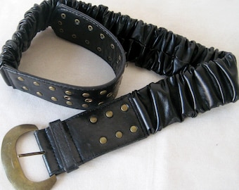 Black 80s Women Elastic Belt, Studded Leather Waist Belt with Buckle, Stretch Wide Lady Belt, Women Leather Accessory, 28" - 35", size XL