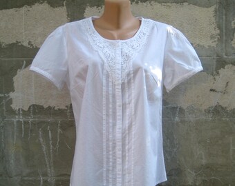 Vintage Charles Vogele White Lace Crew Neckline Blouse, Cotton Romantic Women Shirt, Boho Short Puff Sleeve Blouse, size XL US 16 UK 18