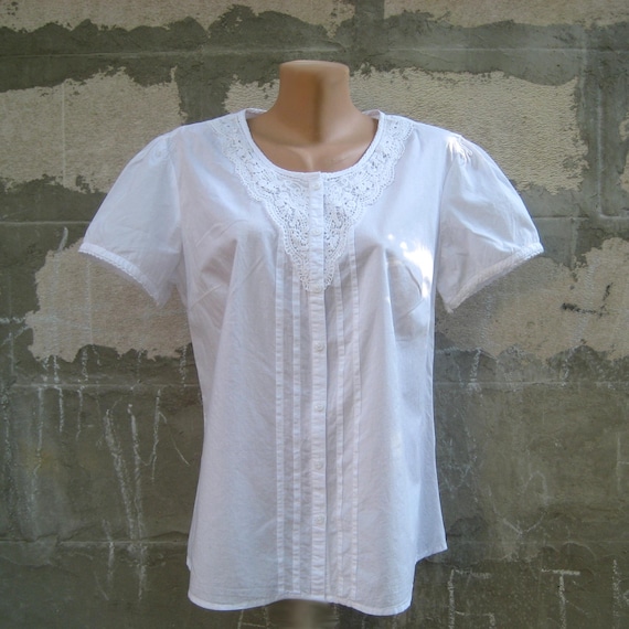 Vintage Charles Vogele White Lace Crew Neckline Blouse, Cotton Romantic Women Shirt, Boho Short Puff Sleeve Blouse, size XL US 16 UK 18