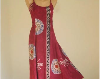 Vintage ikat midi dress, burgundy tribal open back dress, ikat viscose dress with straps, summer women tunic, beach dress, M 10 US 12 UK