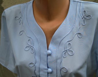 Vintage large pale blue blouse, rayon decorated with braid classic top, romantic blouse short sleeve, 80s retro luxury blouse, XL US16 UK 18