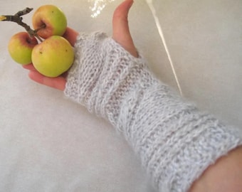 Long Cable Wool Fingerless Gloves, Grey Fingerless Mittens, Hand Knit Arm Warmers, Winter Women Accessory, Soft Fall Gloves, Christmas Gift