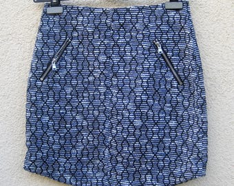 Vintage Blue White Black Tweed Pencil Mini Skirt, Cotton Blend, Decorative Zippers, S 6 US 8 UK