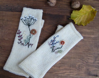 Long Embroidered Fingerless Gloves, Hand Knit White Mittens, Wool Romantic Gloves, Woodland Colors Arm warmers, Nature inspired Women Gloves