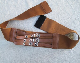 Vintage Brown Leather Elastic Belt, Vegan Leather Segmented Belt, Stretch Wide Lady Belt, Women Leather Accessory, Gift Idea, 31" - 35", XL