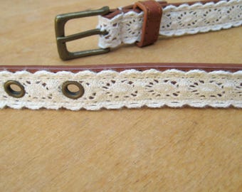 Vintage Leather Lace Belt, Brown Belt with Metal Buckle, Leather Women Accessory, max 35" Belt