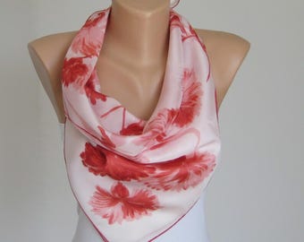 90s rose print shawl, silk lightweight scarf white red, square rayon bandana, travel lady accessory, women flpral neckerchief, 26"