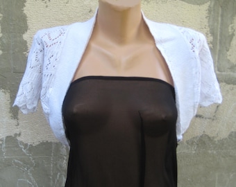 Vintage Knit White Lace Bolero, Cropped Jacket Short Sleeve, Cotton Women Bolero, Evening Party Lady Shrug, Beach Fashion, M L 12 US 14 UK