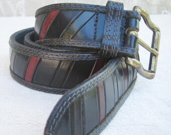 Vintage Genuine Leather Belt, Black Belt with Red Grey Segment Metal Buckle, Leather Unisex Accessory, max 35" Belt