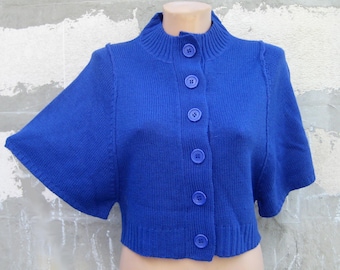 Vintage Blue Cropped Jacket Cape, Knitting Women Cardigan, Wide Bat Sleeve Boho Bolero, Buttons Knit Coats, M 8 US 10 UK