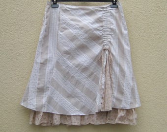 Vintage Cotton White Beige Striped Skirt Size L, Double-layer Rufle Tie Midi Skirt, Boho Skirt