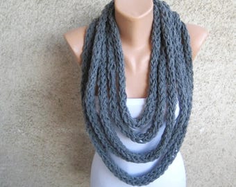 Thick Gray Infinity Scarf Loop Necklace, Rope Charcoal Acrylic Wrap, Urban Fashion Women Accessories, Winter Warm Soft Knitted Loop Scarf
