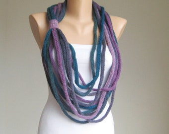 Alpaca Purple Teal Loop Scarf, Knit Loop Scarf Necklace Circles, Thick Infinity Rope Scarf, Long Women Boho Accessory, Spring Scarf