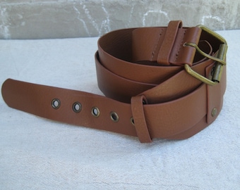 Vintage Brown Leather Belt, Two-ply Leather Waist Belt Width 1.5 - 3", Women Belt with Metal Buckle, Boho Women Pieces Accessories, 36" Belt