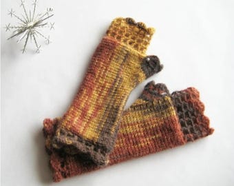 Long Angora Fingerless Gloves, Knit Mittens Chocolate Brick Gold White, Wool Lace Arm Warmers, Girl Winter Accessory, Christmas gift idea