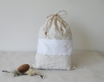Linen lace drawstring bag, Wrinkled fabric pouch, Natural white ruffle gift bag, Reusable eco friendly bag, Country style sachet 10 x 13