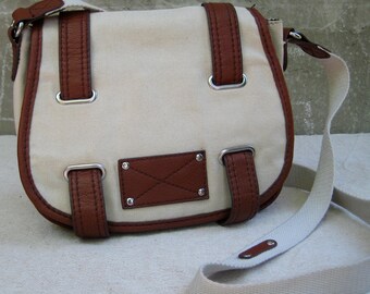 Vintage 90s Distressed Slim Canvas & Leather Messenger Bag, White Brown Crossbody Bag, Women Accessories