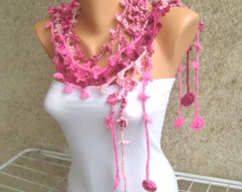 Magenta Flower Scarf Lariat, Hot Pink Long Scarflette Necklace, Bohemian Women Accessories, Crochet Spring Scarf Necklace, Girl Gift Idea