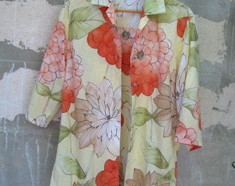 Vintage VERSE Flower Shirt in Beige Red Green, Cotton blend Beach Tunic, Lightweight Boho Summer Shirt, Hawaii Women Shirt, L US 12 UK 14