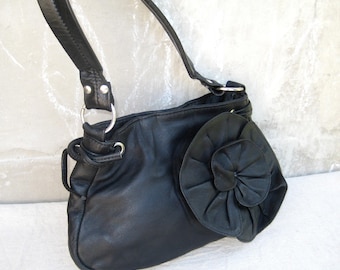 Vintage Hallhuber Leather Shoulder Bag with Rose 1990s, Genuine Leather Black Bag , Leather Satchel, Everyday Lining Bag, Women Accessory