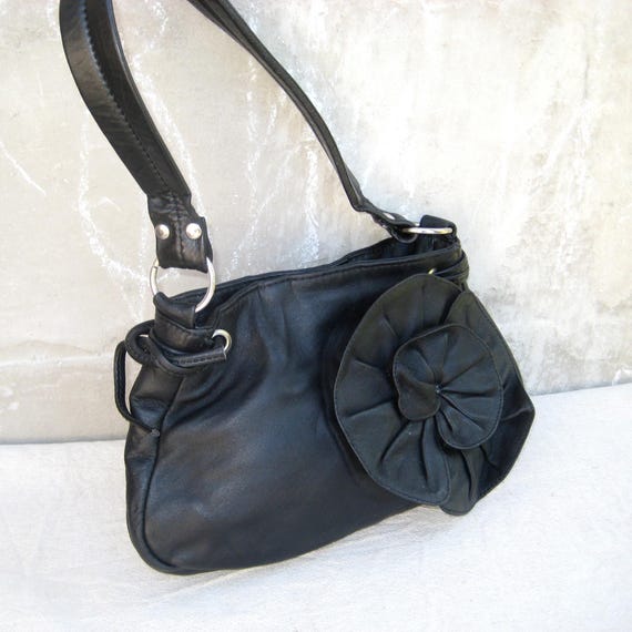 Vintage Hallhuber Leder Schultertasche mit Rose 1990er Jahre