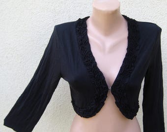Vintage Black Ruffle Bolero, Cropped Jacket Long Sleeve, Viscose Girl Bolero, Evening Party Women Shrug, Beach Fashion Bolero, S M US 8 UK10