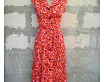 Vintage Daisy Print Midi Dress, Red White Cotton Button Up Dress, Sleeveless Colared Dress, Pockets Floral Dress, Size S 6 US 8 UK