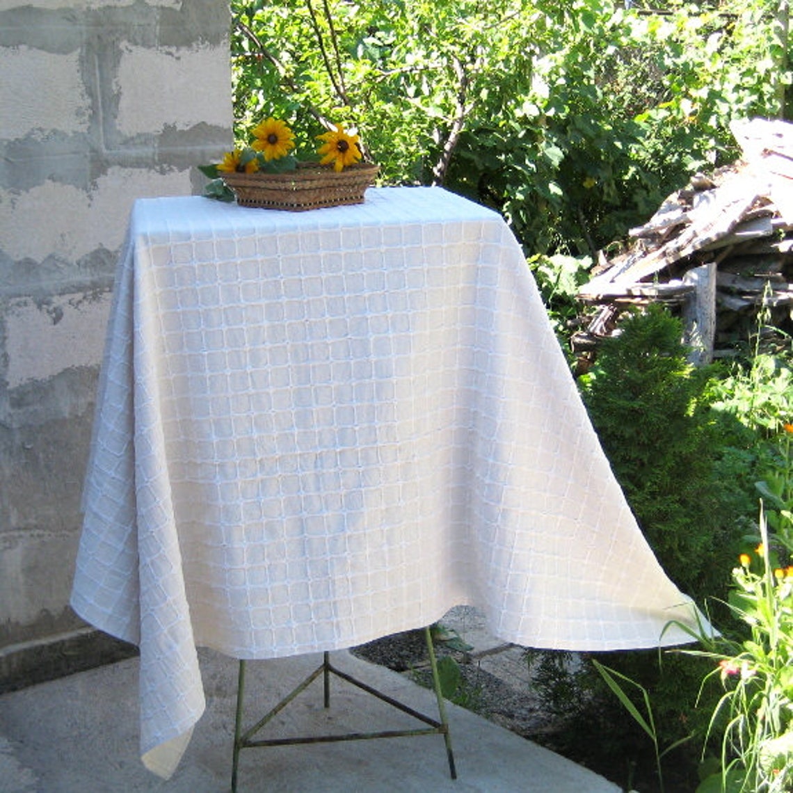 Round Oval Linen Gray Tablecloth, Striped Flax Lace Table Cloth, Washed