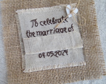 Personalized "To celebrate" fabric tag, sewing name tag, primitive embroidery label, wrapping supplies, burlap label, custom tag, Heart tag