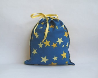 Stars Drawstring Bag, Cotton Fabric Pouch, Reusable Bag Navy Blue Yellow, Upcycled  Country style Gift Bag, Eco friendly Striped Bag 10 x 12