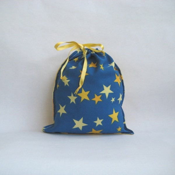 Stars Drawstring Bag, Cotton Fabric Pouch, Reusable Bag Navy Blue Yellow, Upcycled  Country style Gift Bag, Eco friendly Striped Bag 10 x 12