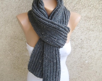 Tweed Hand Knittted Winter Men Scarf, Graphite Gray Long Wool Scarf, Thick Ribbed Unisex Fall Accessory, Christmas Gift for Him