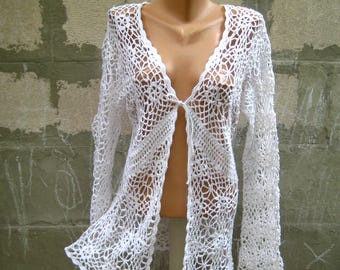 Vintage White Boho Crochet Cardigan, Cotton Mesh Flower Jacket, Women Tie Coat, Long Sleeve Vest, Summer Beach Fashion, L XL 16 US 18 UK