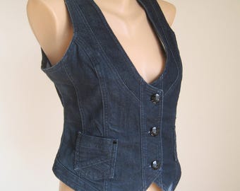 Vintage Street One Navy Cotton Blend Waistcoat, Retro Cut Redingote Vest M