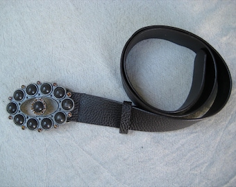 Vintage Leather Boho Belt, Dark Brown Wide Y2K Lady Belt, Appliquéd Metal Buckle Belt, Women Leather Accessory, Gift idea for Her, 30" - 35"