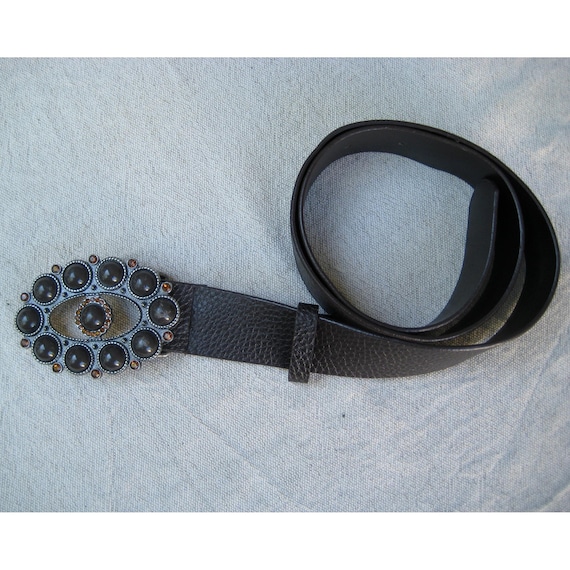 Vintage Leather Boho Belt, Dark Brown Wide Y2K Lady Belt, Appliquéd Metal Buckle Belt, Women Leather Accessory, Gift idea for Her, 30" - 35"
