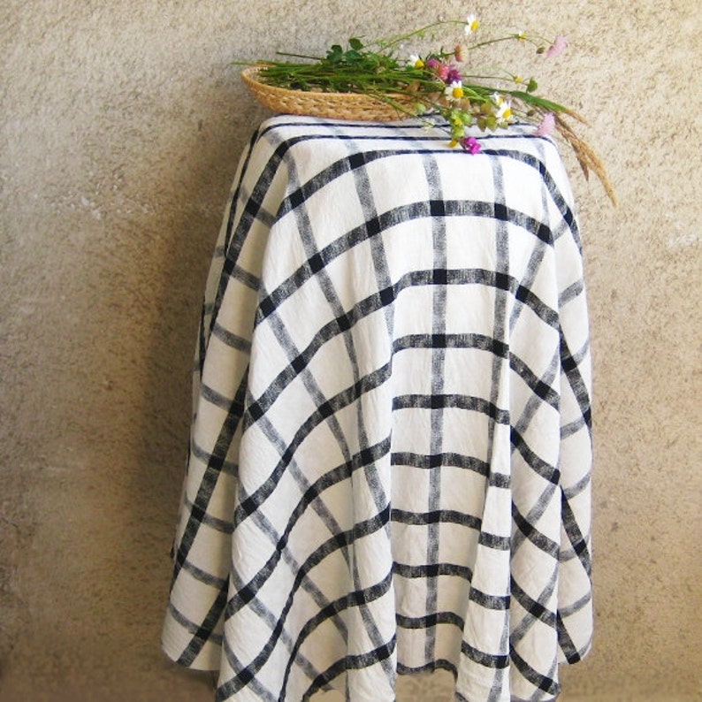 Round Linen Tablecloth off White Black Checkered / Burlap Wrinkled