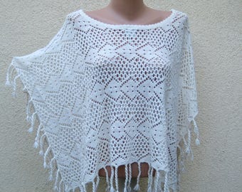 Vintage  Off White Lace Poncho, Knit Shawl Wrap, Boho Fringed Cape Topper, See Through Shoulder Cape, Women Beach fashion, S M US 8 UK 10