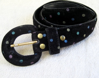 Vintage Black Suede Leather Women Belt, Dots Suede Belt Width 1.2", Belt with Metal Buckle, Y2K Leather Accessories, Gift Idea, max 34" Belt