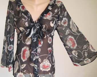 Vintage Scarf Neck Black Floral Blouse, Romantic Button up Silk Shirt, Boho Sleeve Women Top with Ties, V Neck Tie Front Top, M US 10 UK 12