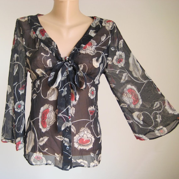 Vintage Scarf Neck Black Floral Blouse, Romantic Button up Silk Shirt, Boho Sleeve Women Top with Ties, V Neck Tie Front Top, M US 10 UK 12