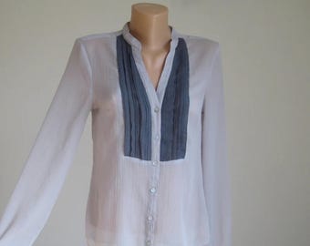 Vintage Classic Gray Jabot Shirt, Rayon Secretary Women Blouse, Sheer Long sleeve Lady Top, Romantic Silk Buttons Blouse, M US 8 UK 10