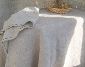 Oval Linen Tablecloth Gray Primitive embroidery Washed Wrinkled Wedding Housewarming Rustic Vtg inspired Country style Farmhouse 54" x 72"