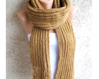 Long Men Women Alpaca blend Scarf, Camel Hand Knit Ribbed Scarf, Thick Double face Wool Shawl, Unisex Fall Accessory, Christmas Gift