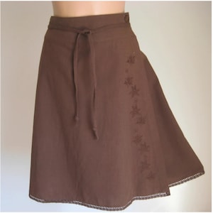Jupe portefeuille vintage en coton, Jupe en dentelle brodée marron, Jupe midi romantique pour femme, Robe été-printemps, Mode rétro, M 8 10 US 10 12 UK