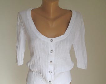 Vintage Arizona White Buttons Jacket, Cotton Women Cardigan, Short Sleeve Bolero, Classic Machine Knit Coats, M 10 US 12 UK